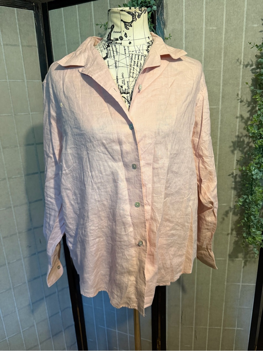 🎯Jones NY Linen Country Pink Shirt button blouse minimalist cottage rustic 10